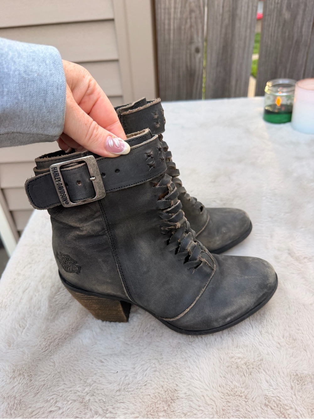 Harley-Davidson Distressed Black Leather Lace-Up Ankle Boots with Buckle Sz 7.5